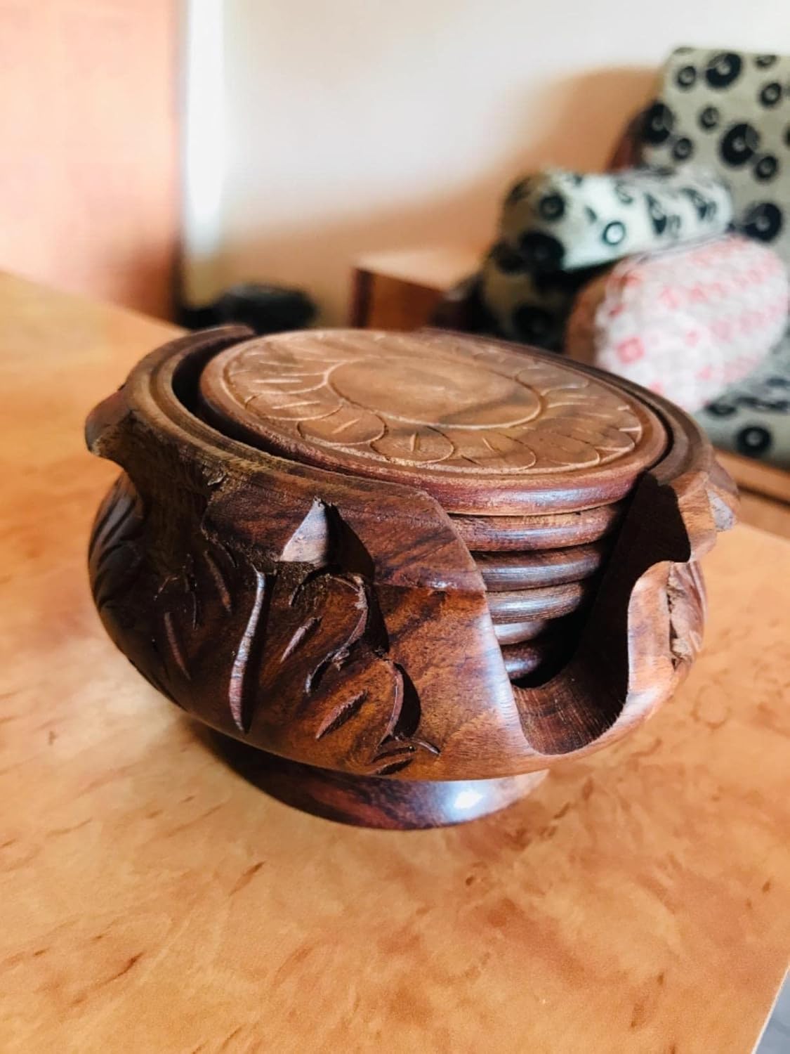 Handmade Carved Set of 6 with Decorative Holder Tabletop Coasters for Tea Coffee Cups Mugs Beer Cans Bar Glass Indian Handicrafts - Image 4