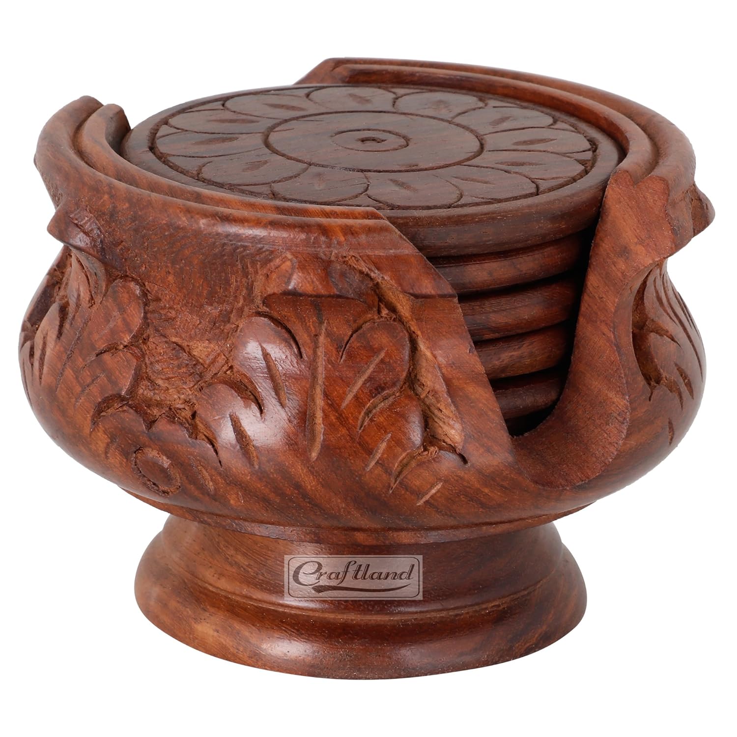 Handmade Carved Set of 6 with Decorative Holder Tabletop Coasters for Tea Coffee Cups Mugs Beer Cans Bar Glass Indian Handicrafts - Image 3