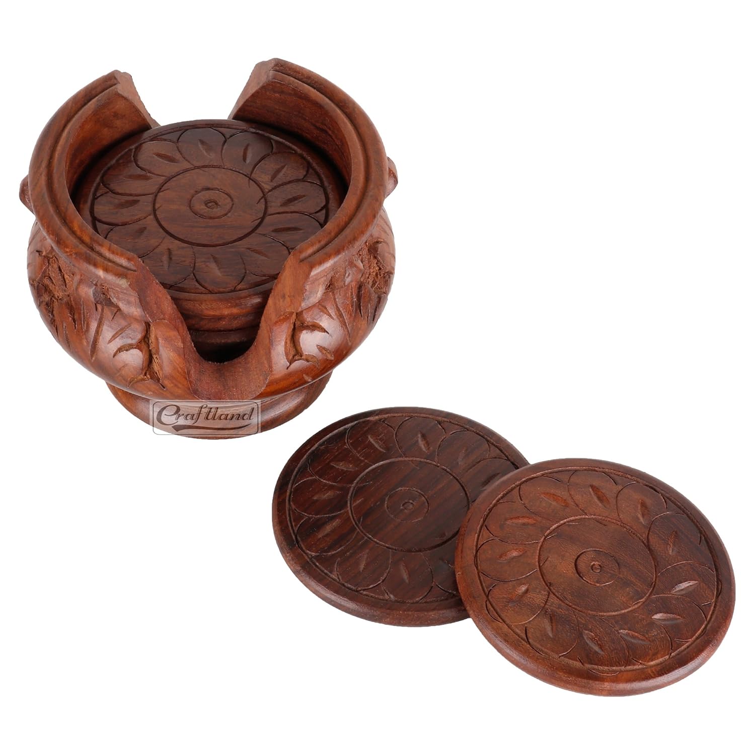 Handmade Carved Set of 6 with Decorative Holder Tabletop Coasters for Tea Coffee Cups Mugs Beer Cans Bar Glass Indian Handicrafts - Image 2
