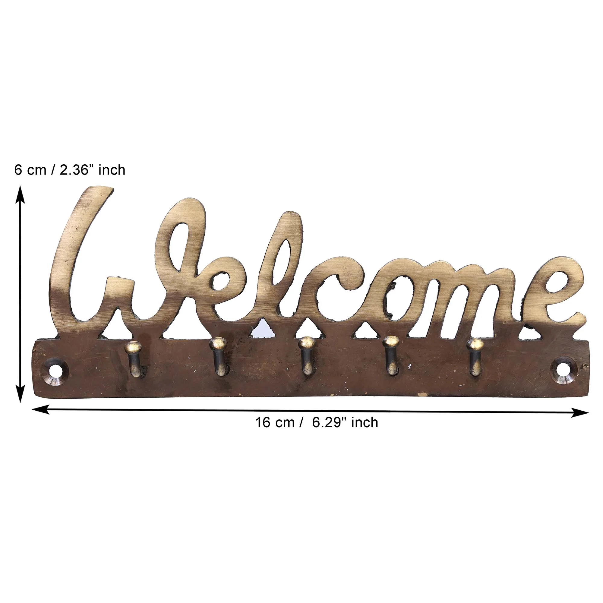 Wall-Mounted Key Holder with “Welcome” Design and 5 Hooks – Brass Finish - Image 2
