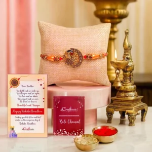 Designer Peacock Rakhi for Brother Bhaiya Bhai | Decorative Brass Diya with Stand | Raksha Bandhan Greeting Card | Roli Chawal Pack | Rakhi Gift Hamper
