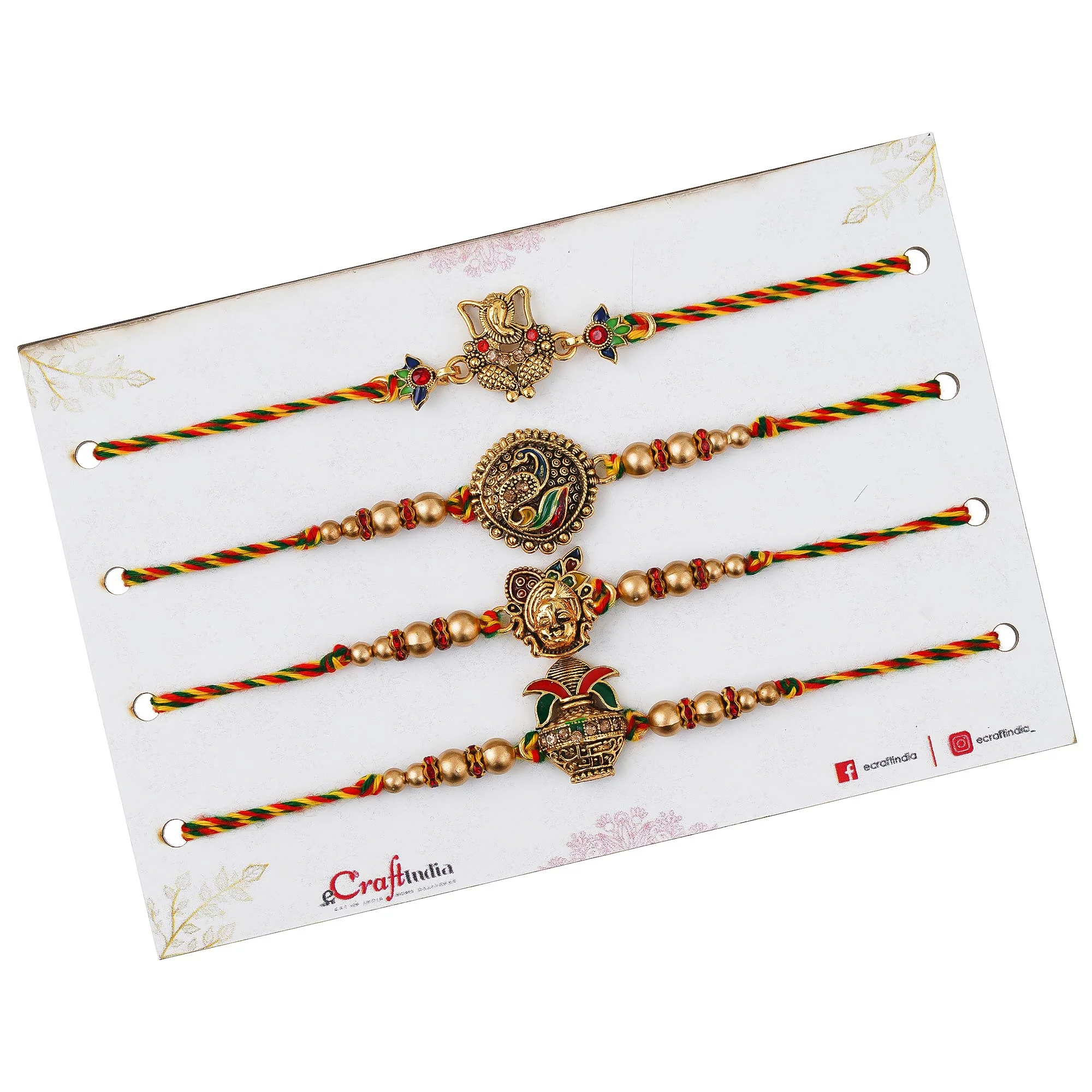 Set of 4 Shrinathji, Peacock, Ganesha, Kalash Designer Rakhis with Brass Diya and Raksha Bandhan Greeting Card | Roli Chawal Pack | Rakhi Gift Hamper for Brother Bhaiya Bhai - Image 2