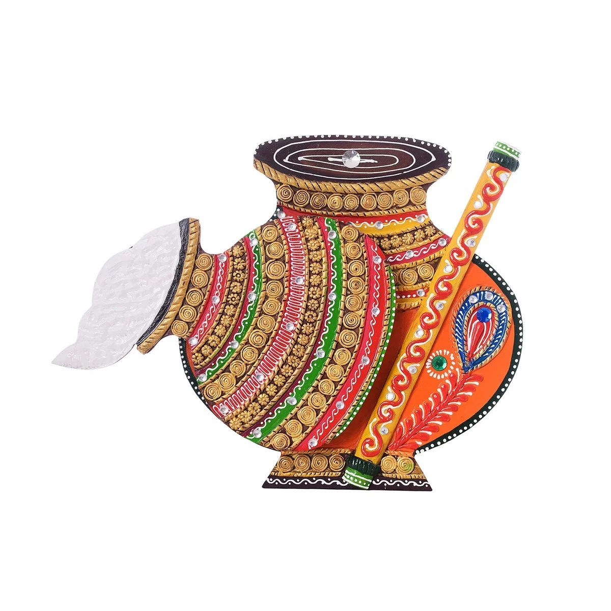 Matki Shape Wall Hanging Decor – Papier-Mache & Wood, Multicolor (35 x 28 cm)Decorative Matki-shape wall hanging made from papier-mache and wood. Multicolor finish. Size: 35 x 5 x 28 cm. Wipe clean only.This Matki-shape wall hanging is a decorative indoor wall decor piece made using papier-mache and wood. It features a multicolor finish in white, yellow, green, and orange, suitable for adding a traditional decorative accent to living rooms, entryways, hallways, bedrooms, or office spaces. For care, do not wash the item. Clean gently using a dry or slightly damp cotton cloth. Product Details: Product type: Wall hanging decor Shape/design: Matki shape Material: Wood and papier-mache Color: White, yellow, green, and orange Size (L x W x H): 35 cm x 5 cm x 28 cm (14" x 2" x 11.2") Recommended use: Indoor wall decor Care instructions: Do not wash; wipe with dry/wet cotton cloth Package Contents: 1 Matki-shape papier-mache wooden wall hanging - Image 2