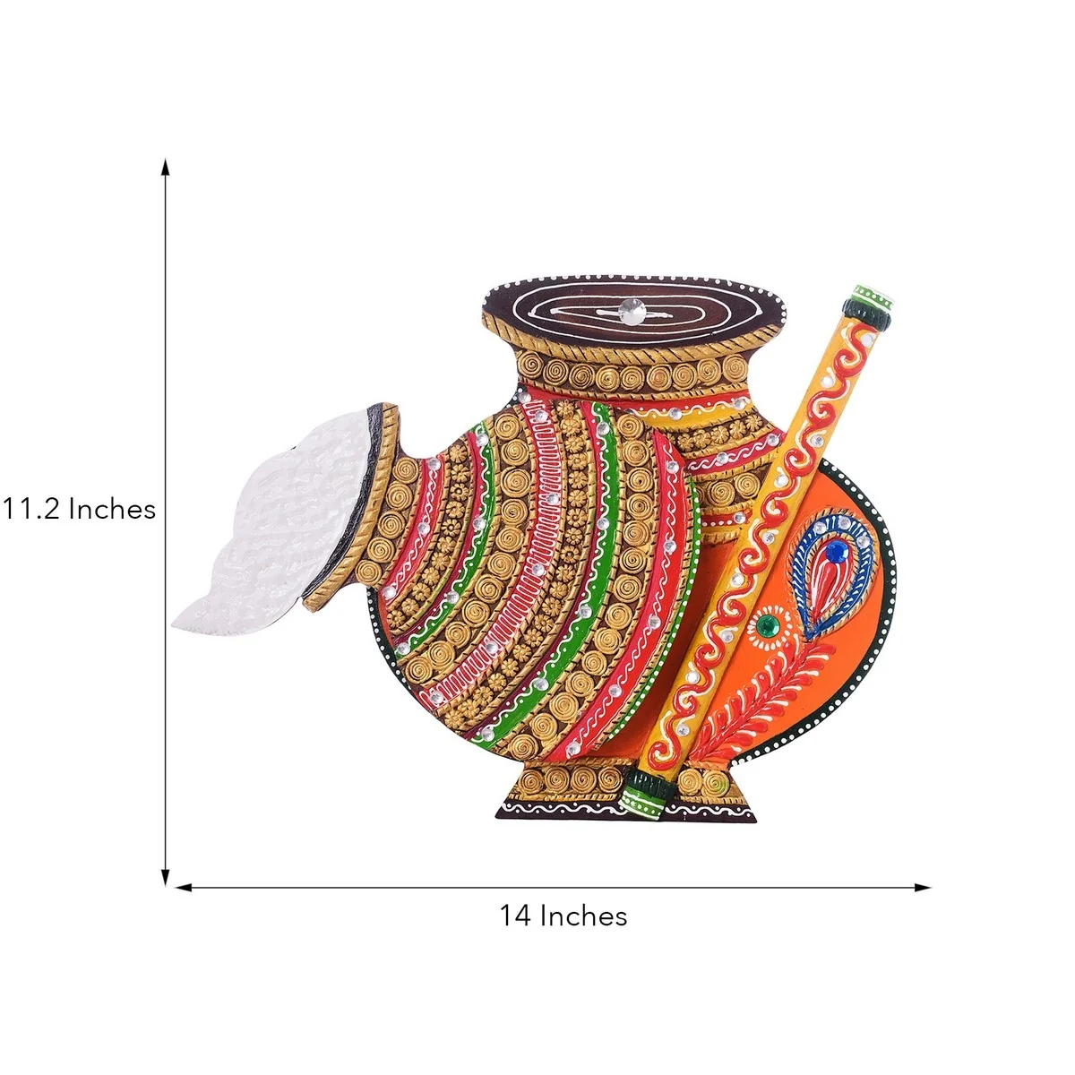Matki Shape Wall Hanging Decor – Papier-Mache & Wood, Multicolor (35 x 28 cm)Decorative Matki-shape wall hanging made from papier-mache and wood. Multicolor finish. Size: 35 x 5 x 28 cm. Wipe clean only.This Matki-shape wall hanging is a decorative indoor wall decor piece made using papier-mache and wood. It features a multicolor finish in white, yellow, green, and orange, suitable for adding a traditional decorative accent to living rooms, entryways, hallways, bedrooms, or office spaces. For care, do not wash the item. Clean gently using a dry or slightly damp cotton cloth. Product Details: Product type: Wall hanging decor Shape/design: Matki shape Material: Wood and papier-mache Color: White, yellow, green, and orange Size (L x W x H): 35 cm x 5 cm x 28 cm (14" x 2" x 11.2") Recommended use: Indoor wall decor Care instructions: Do not wash; wipe with dry/wet cotton cloth Package Contents: 1 Matki-shape papier-mache wooden wall hanging - Image 3