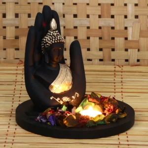 Palm Buddha Decorative Statue with Tealight Holder (Black & Gold) – Wood & Polyresin Base