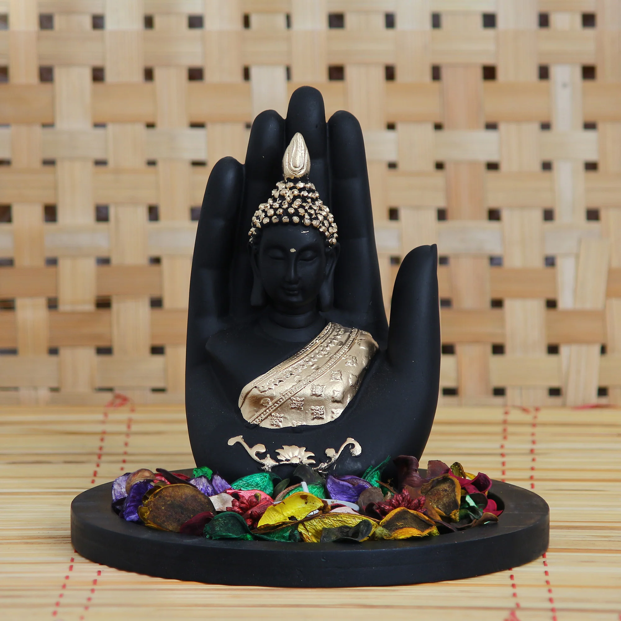 Palm Buddha Decorative Statue with Tealight Holder (Black & Gold) – Wood & Polyresin Base - Image 4