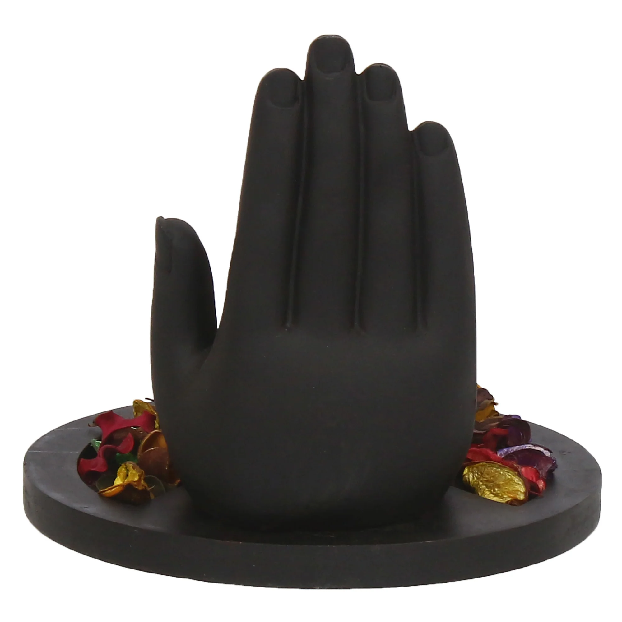 Palm Buddha Decorative Statue with Tealight Holder (Black & Gold) – Wood & Polyresin Base - Image 2