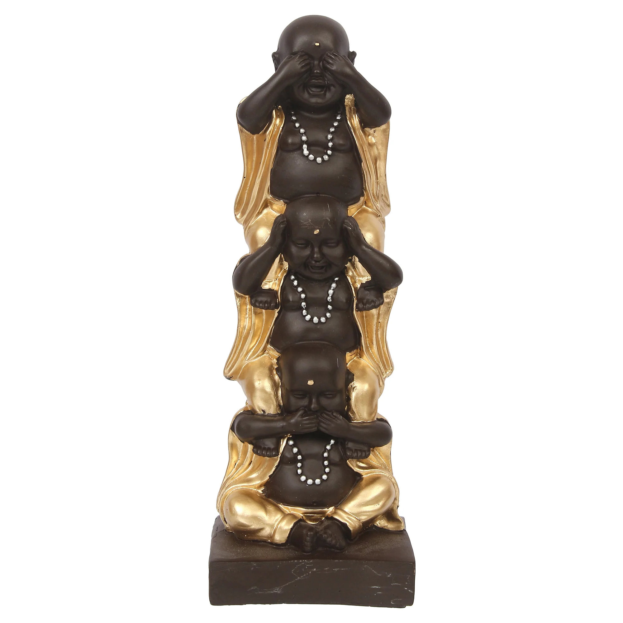 Polyresin Black and Golden Set of 3 Laughing Buddha Statue Standing on each other Decorative Showpiece - Image 2